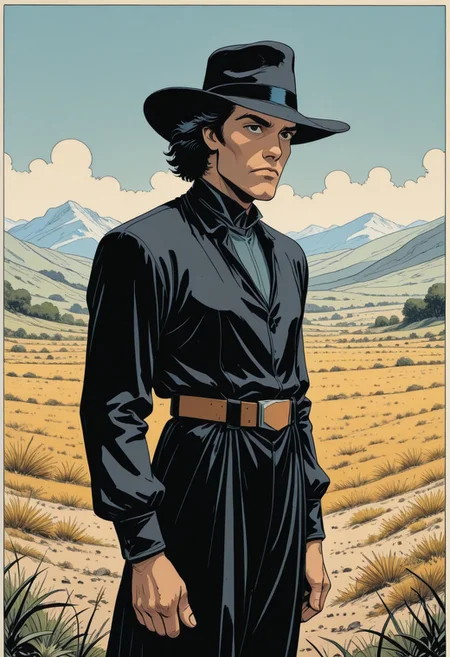 A close-up comic book style illustration of a tall, slender, stylish, roguishly handsome and mysterious cowboy, wearing a stylish suit and black, broad-billed hat, stands isolated in a bleak, rural landscape with an old farmhouse, black-and-white noir photography style, Enki Bilal, Geoff Darrow, Philippe Druillet, Edgar P. Jacobs, Brandon Graham, Linnea Sterte, James Stokoe, Hayao Miyazaki, Katsuhiro Otomo, François Schuiten, 
anime meets ligne claire meets Americana, Westworld meets Cowboy Bebop, RvR_Comic_Style