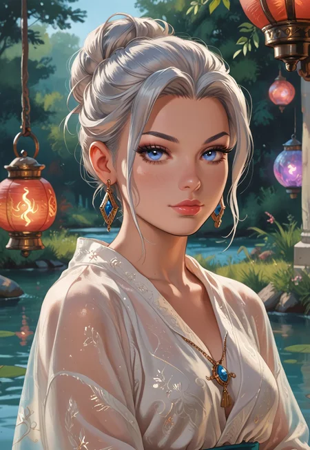score_9, score_8_up, score_7_up, 1girl, solo, ethereal spirit, flowing translucent robes with shimmering celestial patterns, ancient lantern with a glowing orb and intricate engravings, long wavy silver hair adorned with moonstone pendants, realistic, cinematic angle, cinematic lighting, graceful body, serene face, glowing violet eyes, levitating pose
BREAK
floating above a tranquil moonlit lake
BREAK
source_fantasy_art, rating_explicit, expressive, full body, elegant pose
BREAK
detailed beautiful background, serene moonlit lake with calm waters and reflecting moonlight, ancient stone bridge and weeping willows, distant mountains with a soft glow, mystical atmosphere with a sense of peace and tranquility
<lora:Expressive_H:0.6>Expressiveh, (SimplepositiveXLv1:1.3), (upper body, full clothed:1.85) ((masterpiece)) (ultra realistic, 32k, masterpiece:1.2), (high detailed skin:1.1), (high quality:1.1) (((full clothed))) <lora:DandonFuga_Style_v.2_-_Pony:0.8> 
<lora:add-detail-xl:1> 
<lora:Dynamic Poses:1>