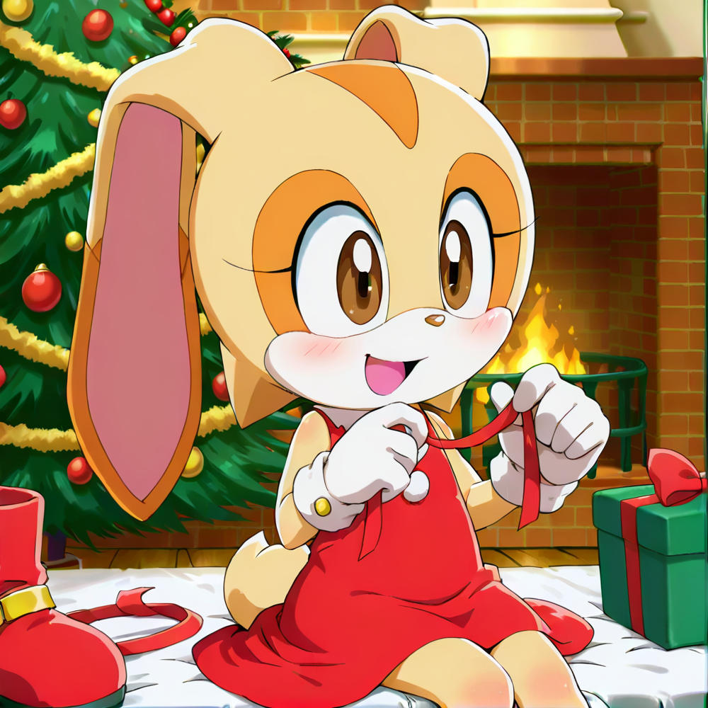 hi res, best quality, female, Score_9, score_8, score_7 BREAK, best anatomy, (solo), small body, young, petite, ultra detailed, short, (source_cartoon), (((show accurate))), (masterpiece), <lora:Cream_the_Rabbit:1>, cre@m_the_rabbit, furry, rabbit ears, two-tone fur, animal nose, brown eyes, rabbit girl, white gloves, official style, rabbit tail, 1girl, Christmas outfit, smile, sitting, presents, Christmas tree, opening gift, unwrapping, open mouth, happy,