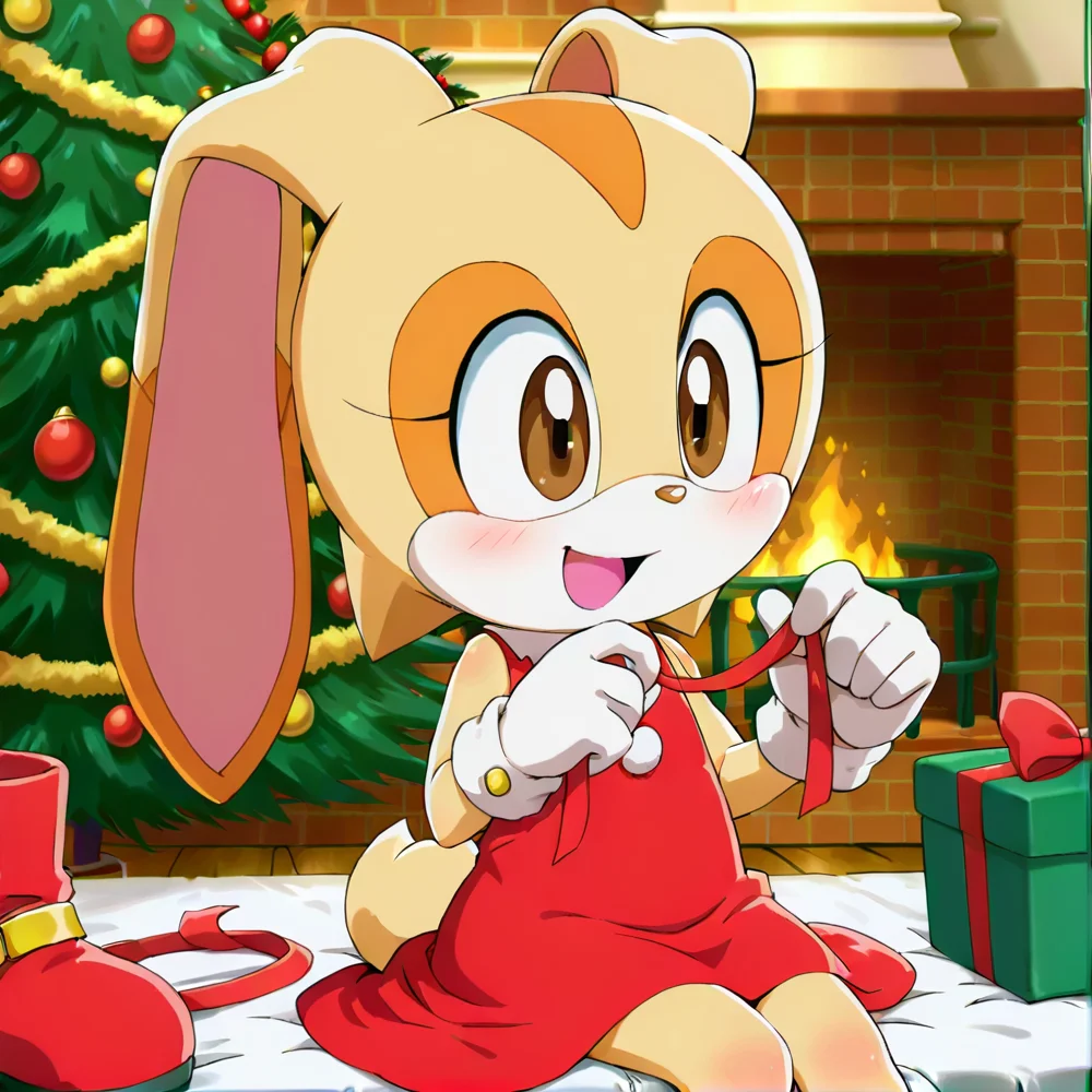 hi res, best quality, female, Score_9, score_8, score_7 BREAK, best anatomy, (solo), small body, young, petite, ultra detailed, short, (source_cartoon), (((show accurate))), (masterpiece), <lora:Cream_the_Rabbit:1>, cre@m_the_rabbit, furry, rabbit ears, two-tone fur, animal nose, brown eyes, rabbit girl, white gloves, official style, rabbit tail, 1girl, Christmas outfit, smile, sitting, presents, Christmas tree, opening gift, unwrapping, open mouth, happy,