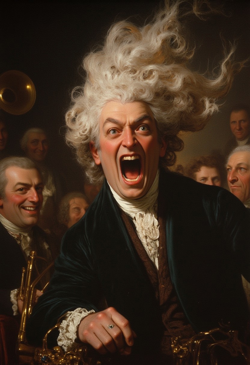 A portrait of a pompous aristocrat whose wig is being blasted off by a rogue trombonist, painted in the grand, dramatic style of Thomas Gainsborough. The aristocrat's shocked expression and the flying wig add a humorous contrast to the elegant setting, with the trombonist grinning mischievously in the background.