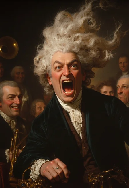 A portrait of a pompous aristocrat whose wig is being blasted off by a rogue trombonist, painted in the grand, dramatic style of Thomas Gainsborough. The aristocrat's shocked expression and the flying wig add a humorous contrast to the elegant setting, with the trombonist grinning mischievously in the background.
