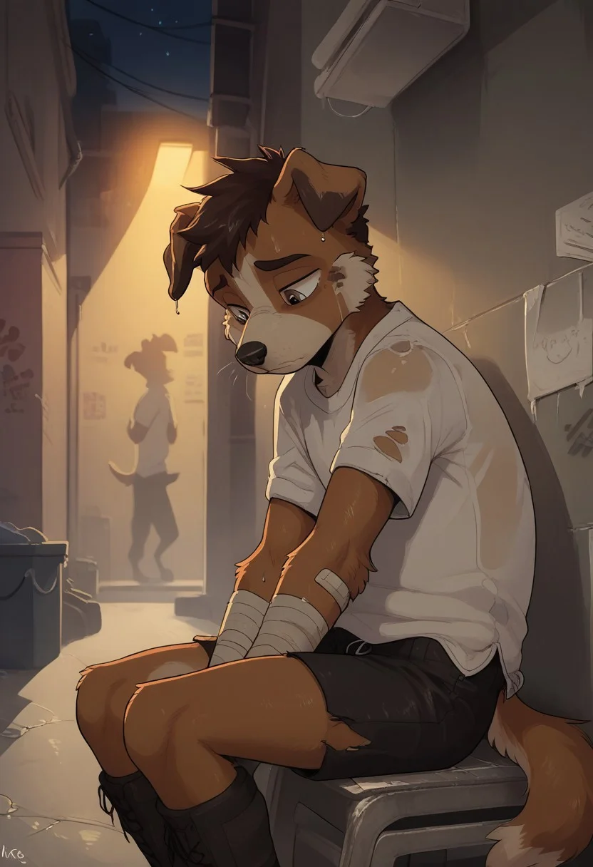 (easynegative:0.2 ) boy, dog, furry, anthro, young, two-tone body,
grey body, side view, torn clothes, , shorts, grey t shirt, sitting on ladder, bandage on the arm, wet, sad face looking down, night, alley, homeless, solo, rain, ,shuuko, light colors, bright colours, cute,