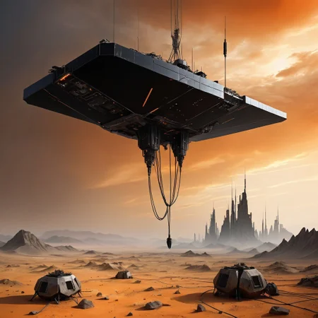 ultra high resolution, best quality, small featureless smooth glossy black glass spacecraft hovering low to the ground, underneath the spacecraft are cables hoses and wires, antennas on top, cables hanging from below, rectangular in shape, futuristic world, post apocalyptic landscape, ((low concrete buildings:1.3)) anti gravity, in the atmosphere, sky, clouds, ground visible, hovering, dry, ((dusty)), bleak landscape, parched, orange light, sunlight, square shapes, bleached colors,