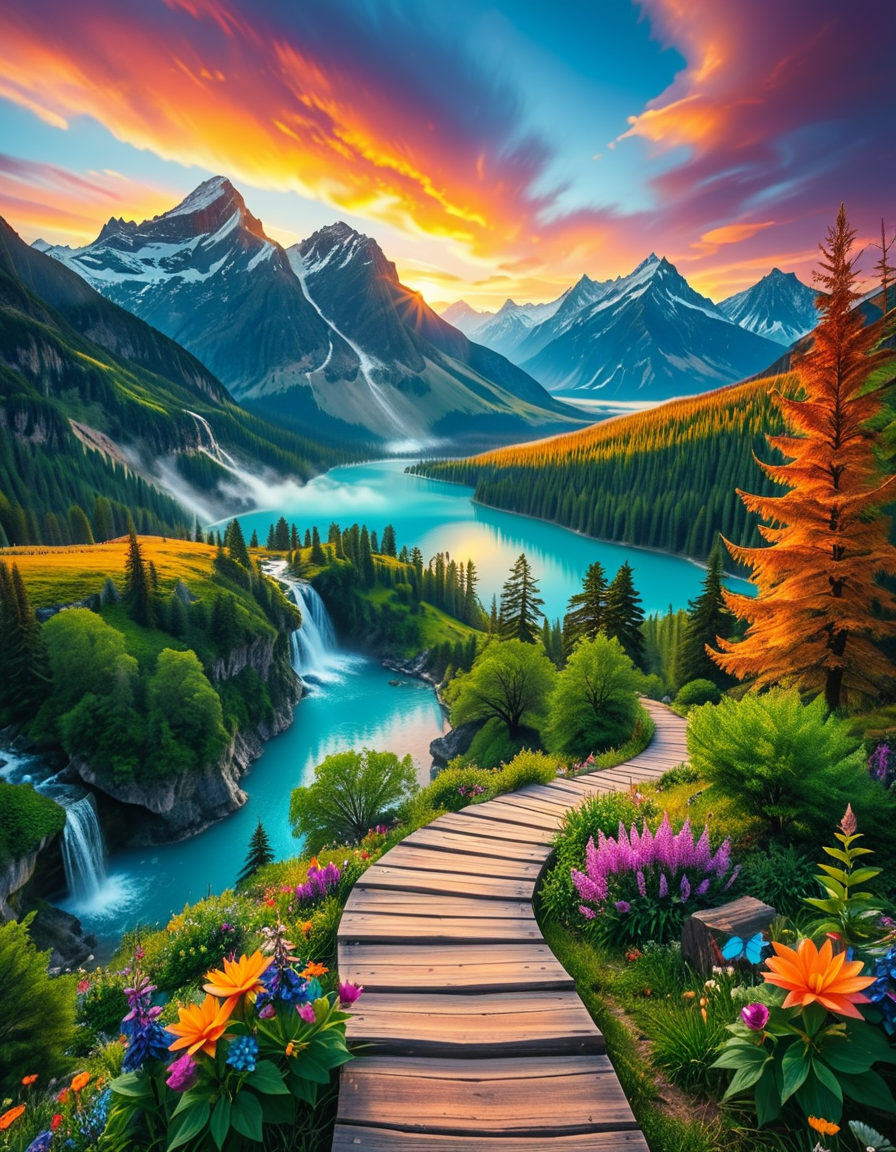 A breathtaking, high-resolution photograph of the most beautiful place on Earth, where natureâs wonders blend in perfect harmony. Towering, snow-capped mountains rise majestically in the background, their peaks glowing under the golden hues of a setting sun. Below, a crystal-clear turquoise lake reflects the colors of the sky, surrounded by lush, green forests filled with ancient trees, vibrant wildflowers, and cascading waterfalls. A soft mist rises from the valley, adding a dreamlike quality to the scene. In the distance, rolling meadows stretch toward the horizon, dotted with colorful flowers and serene wildlifeâgraceful deer grazing, birds soaring in the sky, and butterflies dancing in the breeze. A wooden footpath winds through the landscape, leading to a secluded, tranquil spot where the beauty of nature can be fully admired. The air is crisp and filled with the soothing sounds of rustling leaves, flowing water, and distant birdsong. The sky above is a masterpiece of colorsâdeep oranges, purples, and pinks blending seamlessly as the sun sets, casting a magical glow over this untouched paradise. The atmosphere is peaceful, awe-inspiring, and filled with a deep sense of wonder and tranquility, as if stepping into a perfect dream.
<lora:SDXLFaeTastic2400:0.4> <lora:extremely_detailed:0.4> extremely detailed, <lora:Earth_P4r4d1s3:1>,Earth P4r4d1s3, Masterpiece,best quality,hi res,8k,hi res,8k,award winning,(sharp focus, intricate, highly detailed),