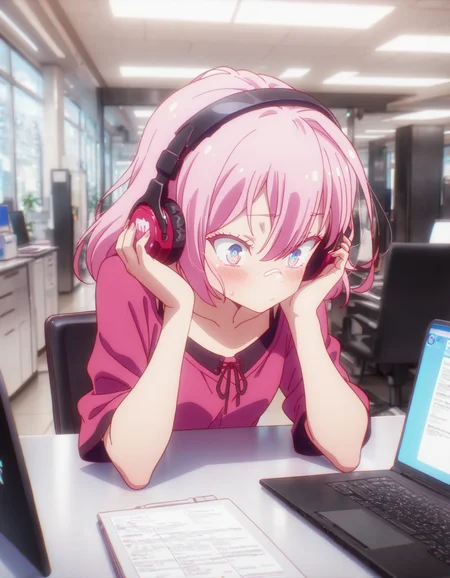 masterpiece, best quality, amazing quality, <lora:No_Game_no_Life:1> nogamenolifestyle, pretty face, Software Developer, casual wear, headphones, laptop, (office, interior:1.1), masterpiece, best quality, amazing quality, <lora:cfg_scale_boost:0.5>,