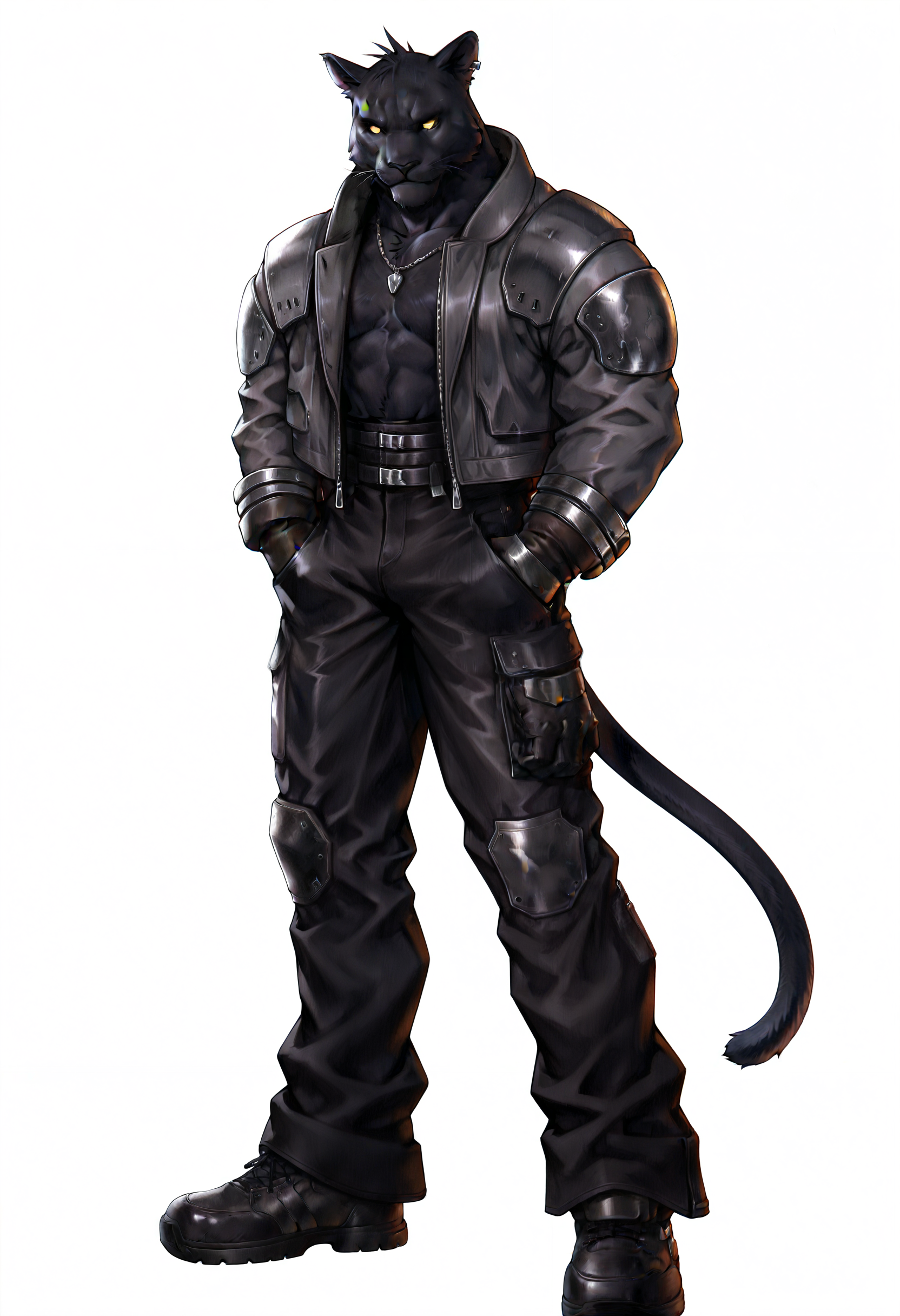 best quality, newest, absurdres, highres, (masterwork, masterpiece, best quality, hyper-detailed :1.3),   1boy, solo,  
 
k0j1, panther boy, no pupils, yellow eyes, black pants, gloves, grey jacket, shoes, silver necklace, full body, hands in pockets,


,white background, plain background, ff7,