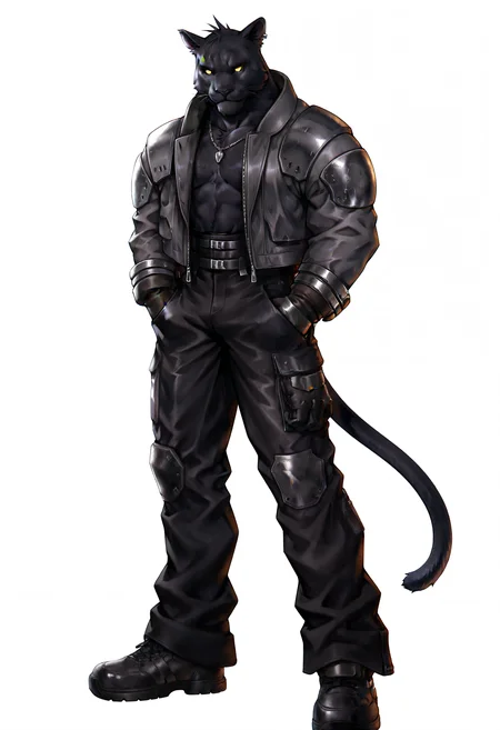 best quality, newest, absurdres, highres, (masterwork, masterpiece, best quality, hyper-detailed :1.3),   1boy, solo,  
 
k0j1, panther boy, no pupils, yellow eyes, black pants, gloves, grey jacket, shoes, silver necklace, full body, hands in pockets,


,white background, plain background, ff7,