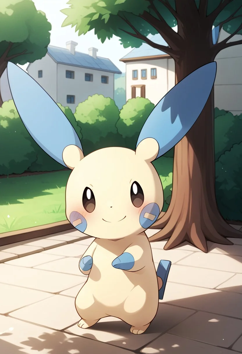 (source_anime, source_furry, score_9:1), (score_8_up, score_7_up:1), rating_explicit, BREAK solo, mouth, ,smile, ,,, garden,tree,house,,Pokemon (creature),cute,cute face, ,,,,,Minun