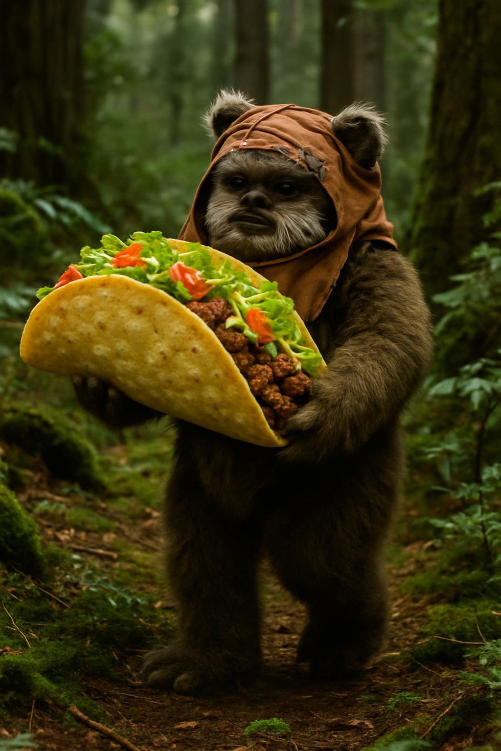 A film still of a Star Wars Ewok carrying a huge taco across the forest.