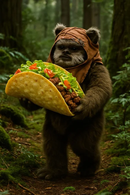 A film still of a Star Wars Ewok carrying a huge taco across the forest.