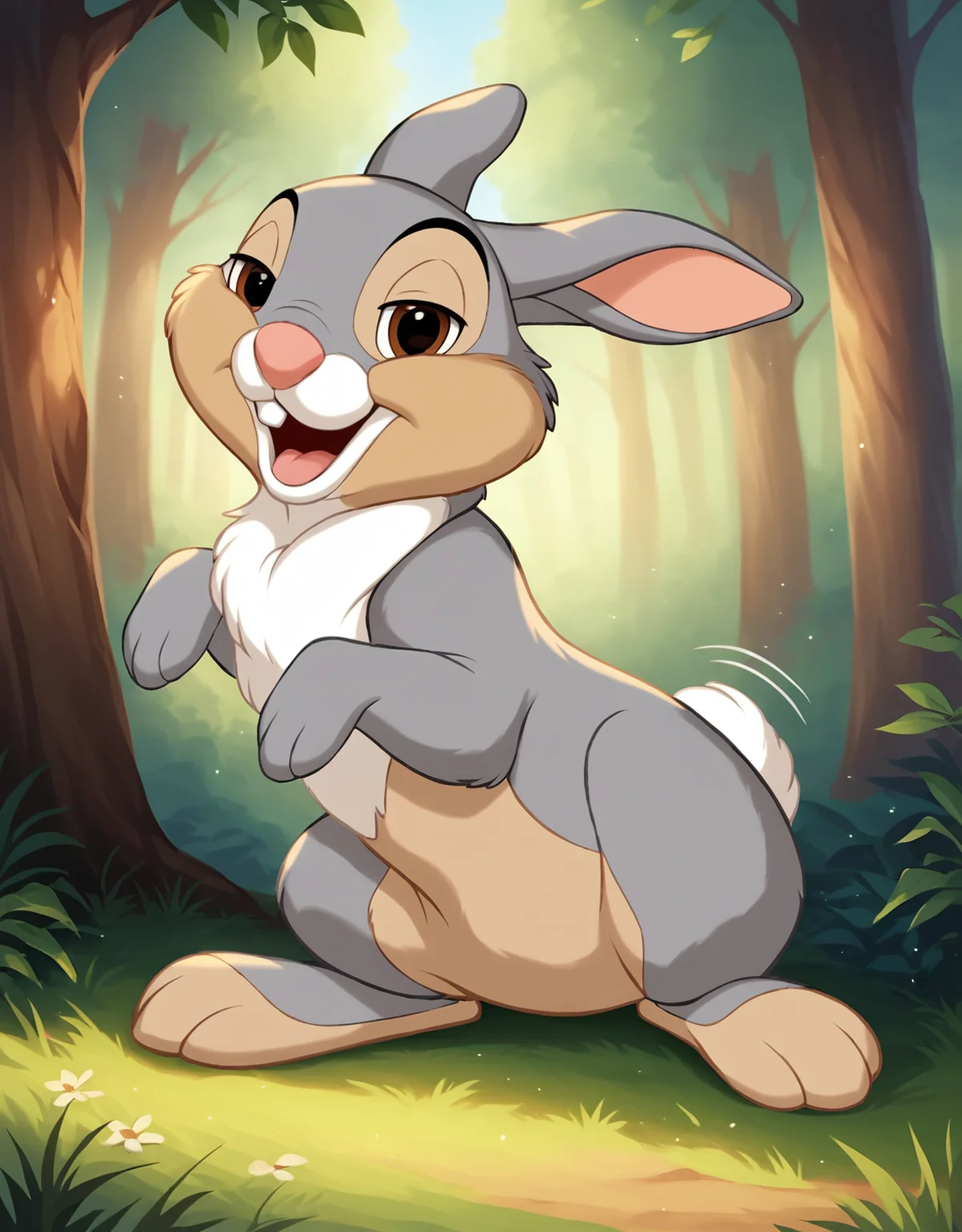 <lora:J_cartoon:0.6>, j_cartoon, <lora:ThumperXL:0.9>, thumper, score_9, score_8_up, score_8, Disney, solo, feral, male, ((small body proportions)), ((small)), ((short)), detailed fur, (gray fur), (mouth open), rabbit teeth, pink nose, (tongue out), (hazel eyes), (((gray eyelids))), ((half-closed eyes)), ((looking at viewer)), breathtaking, cute, environmental lighting, award-winning, professional, highly detailed, ((detailed shaders)), adorasexy, beautiful, high quality, outdoors, forest, standing, (((foot raised))), ((motion lines)), ((three toes)), <lora:Furtastic_Detailer:1>,
