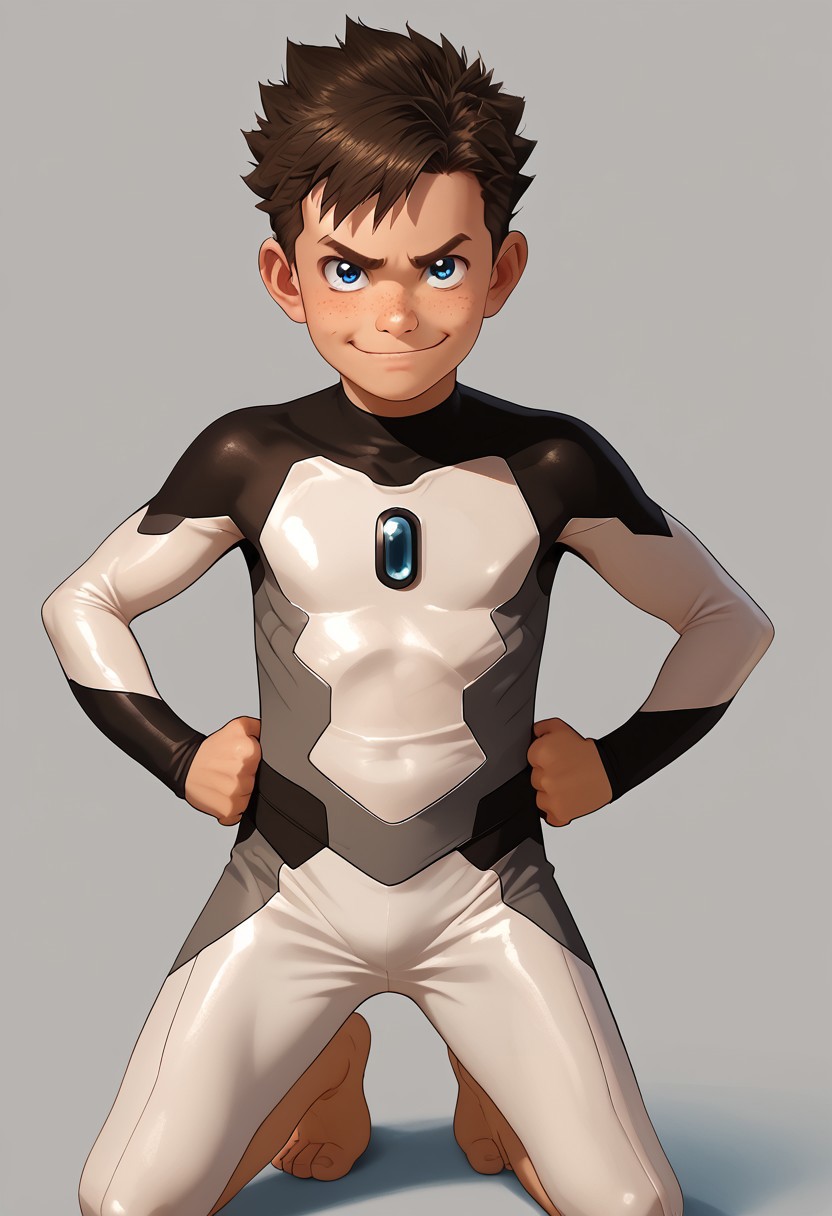 score_9, score_8_up, score_7_up,1boy, solo, cute boy, Koji, Blue Eyes, Brown Hair, Freckles, Bodysuit, Barefoot, hands on hips, smug smile, PONYXL_AlexRoss_ComicArt_ownwaifu