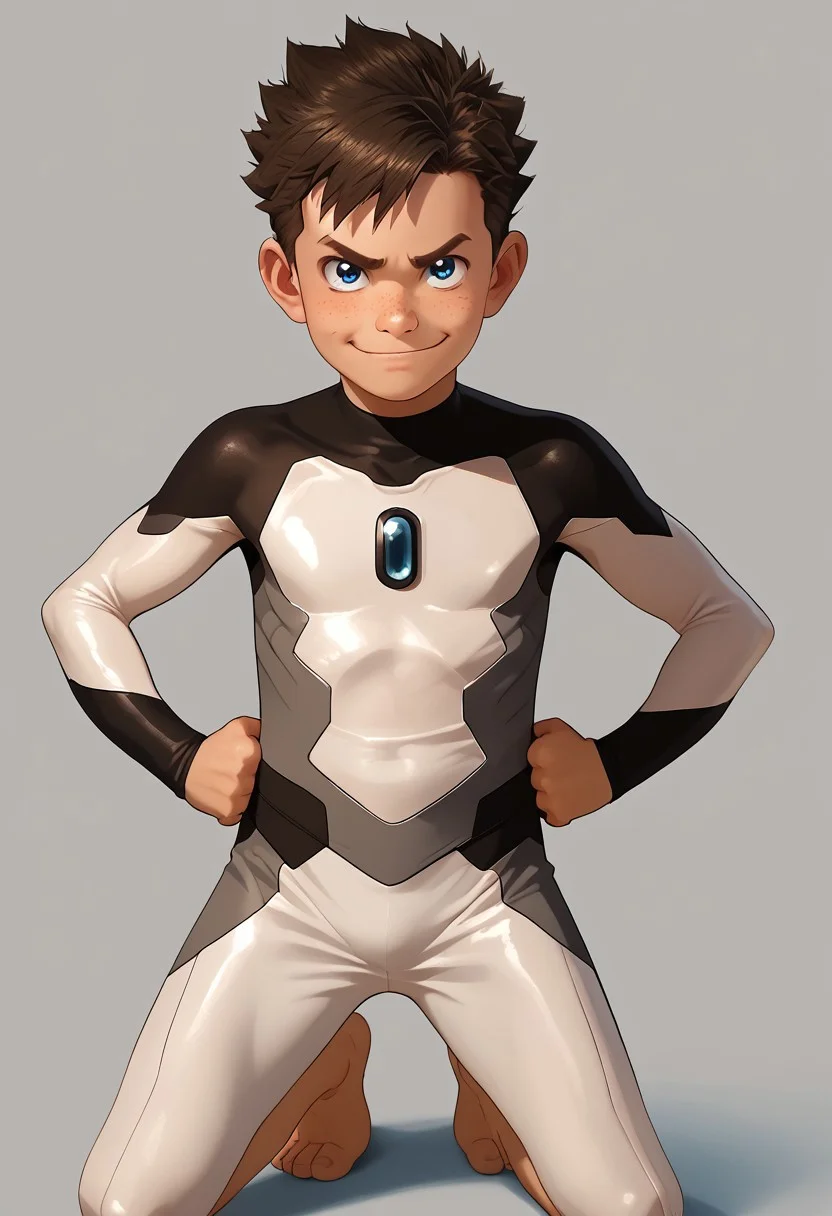 score_9, score_8_up, score_7_up,1boy, solo, cute boy, Koji, Blue Eyes, Brown Hair, Freckles, Bodysuit, Barefoot, hands on hips, smug smile, PONYXL_AlexRoss_ComicArt_ownwaifu