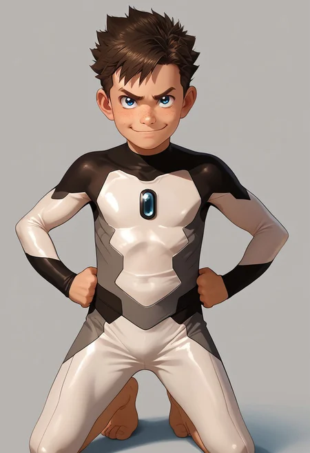 score_9, score_8_up, score_7_up,1boy, solo, cute boy, Koji, Blue Eyes, Brown Hair, Freckles, Bodysuit, Barefoot, hands on hips, smug smile, PONYXL_AlexRoss_ComicArt_ownwaifu