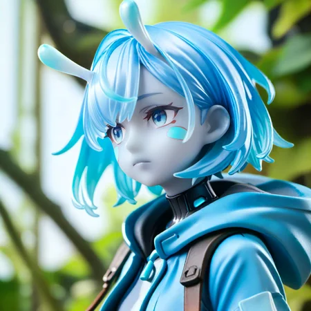 score_9, score_8_up, score_7_up, score_6_up, moyo, antennae, facial mark, grey skin,
<lora:moyo_race_v1:0.9> 1girl, solo, light blue eyes, light blue hair, nature background, hood, hood down, hooded jacket, cropped jacket, science fiction, short hair, solo, upper body,
<lora:add-detail-xl:1>,