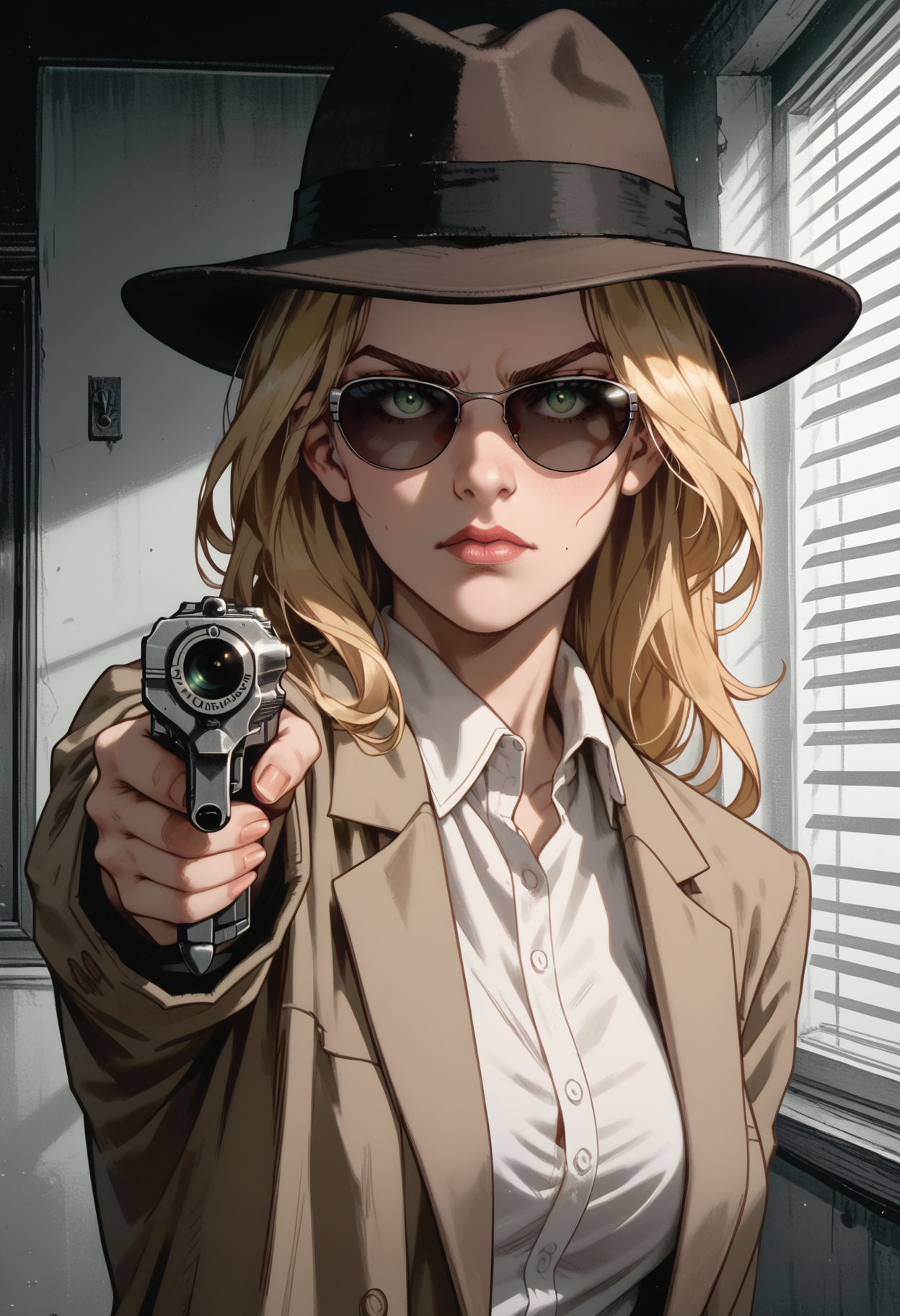 adsam, monochrome, black and white, score_9, score_8_up, score_7_up, score_6_up, score_9, score_8_up, score_8, OverallDetail, (best quality:1.1), (masterpiece:1.2), saturated colors, (detailed:1.1), (highres, best quality:1.2),(ultra HD quality details) (dynamic angle), very aesthetic, portrait, rating_explicit, rating_NSFW, 1woman, partierbetherz, fedora, sunglasses, fair_skin, green_eyes, blonde_hair, blonde pontail, 2 blonde bangs, serious expression,looking through blinds, looking out window, shadows, contrast, holding pistol, aiming at viewer, femme fatal, <lora:PartierBetherzv2:0.7>  <lora:A_Detective_Story_Style_-_The_Animatrix:0.8>
