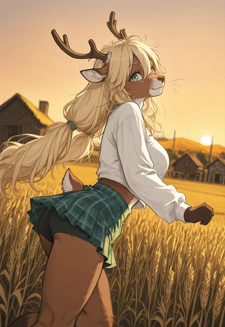masterpiece, best quality, good quality, very awa, newest, highres, absurdres, highres, very aesthetic, furry, fur, fur covered, (no humans:1.3), by serpentx, traditional media,  aosiai123_illu
BREAK, 
1girl, female anthro deer, deer face, antlers, brown fur, medium breasts, blonde hair, very long hair, hair blowing, side view, running, running through wheat, green eyes, hair between eyes, excited, energetic, action shot, from behind, dynamic angle, perspective, depth of field, light smile, long hair, white long sleeves, midriff, loose clothing, short skirt, plaid skirt, 
BREAK, 
wheat field, outdoors, farm, barn, golden hour, soft light, detailed lighting, cinematic composition