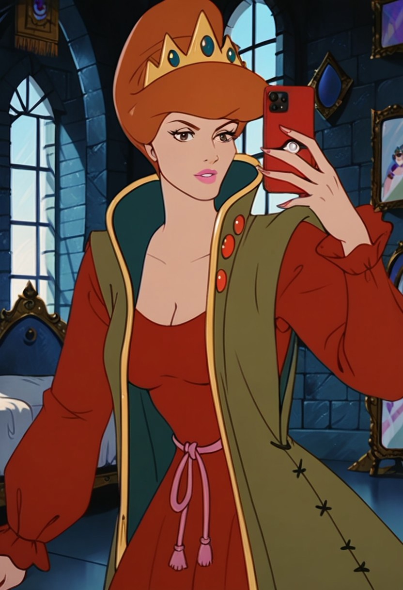 score_9_up, score_8_up, score_7_up, source_cartoon, rating_safe 
JetLagEvilQueen, brown hair, orange hair, lips, lipstick, makeup, brown eyes, breasts, medium breasts, 1girl, crown, short hair, long sleeves,  dress, red dress, cleavage, robe vest, puffy sleeves, solo, 
standing, bedroom, window, bed, pillows, detailed background, mirror, selfie, cellphone holding cellphone, blue cellphone, solo pokeball_(/basic/)