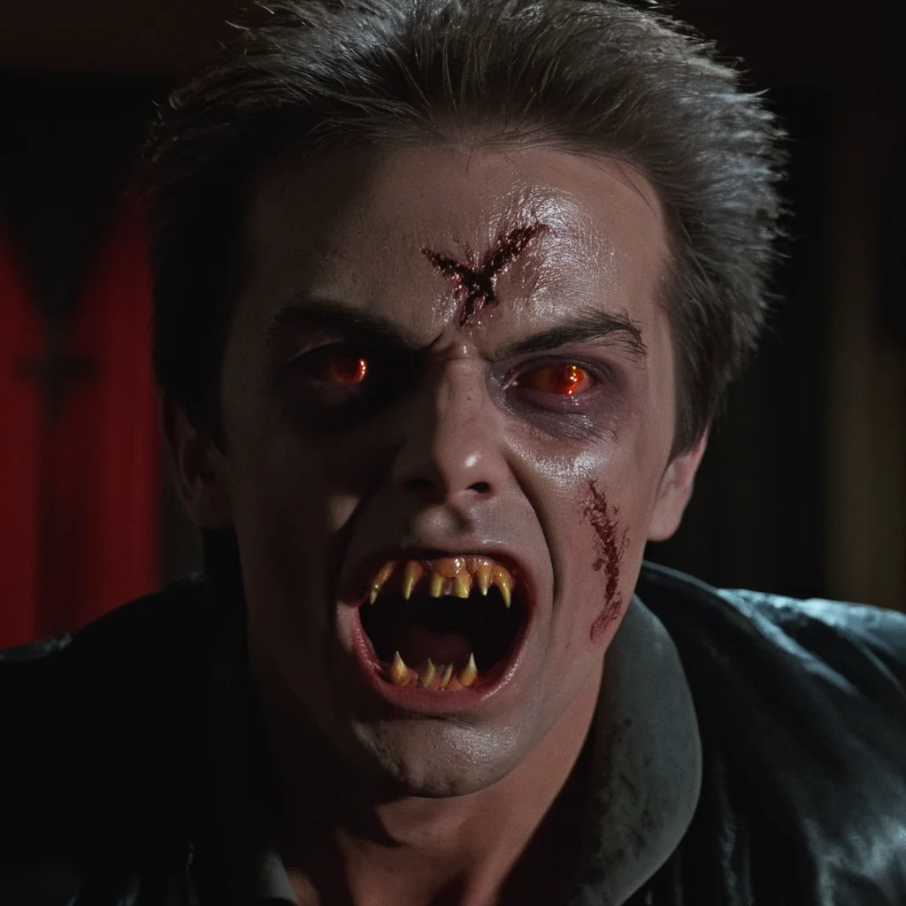 Horror-themed, <lora:Evil Ed:0.8>
In the 1980's Vampire monster Evil Ed,a vampire monster with a scar cross mark on his face forehead and big monster teeth and golden red reflective eyes,Vampire2 a man with his mouth open and his face covered in blood,solo,short hair,open mouth,shirt,black hair,1boy,jacket,closed eyes,male focus,teeth,indoors,blurry,black jacket,blurry background,fangs,scar,scar on face,realistic,leather,leather jacket , Horror themed, dark themed, Fright Night 1985 style, Eerie, unsettling, dark, spooky, suspenseful, grim, highly detailed