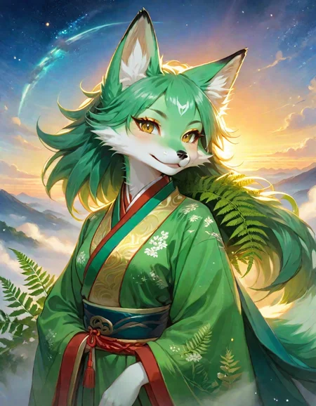 highly detailed, masterpiece, best quality, official art, anime style, (fox girl), furry body, Fern Green fur, slight smile, dressed in chinese clothing, character portrait, upper body,   in the sky is supernova ,               sunrise with morning fog near ground , sunlight with godrays, <lora:Anime_Furry_Style_SDXL:0.8>
