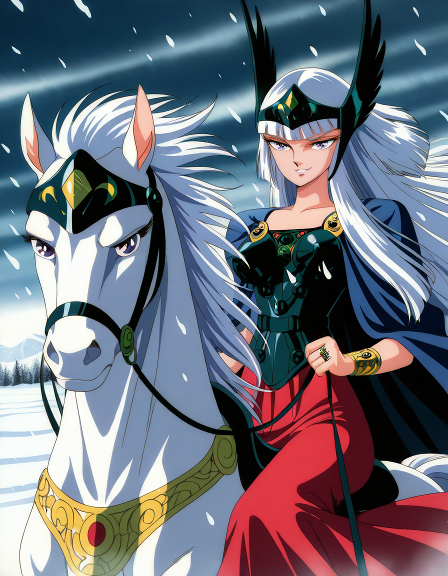 masterpiece, best quality, high resolution, absurdres, highres, amazing quality, very aesthetic, ultra detailed, perfect details,
1girl, sitting, smirk, horse, riding, hold the reins, snowstorm, cowboy shot, 
<lora:Hilda_Polaris_LCD_ill_v03:1> hildapolarislcd, hime cut, long hair, purple eyes, white hair, retro artstyle, valkyrie, red skirt, ring,
<lora:spo_sdxl_10ep_4k-data_lora_webui:1>
<lora:IL-lineart_adjust-mki:-1.5>
<lora:add-detail-xl:1>
