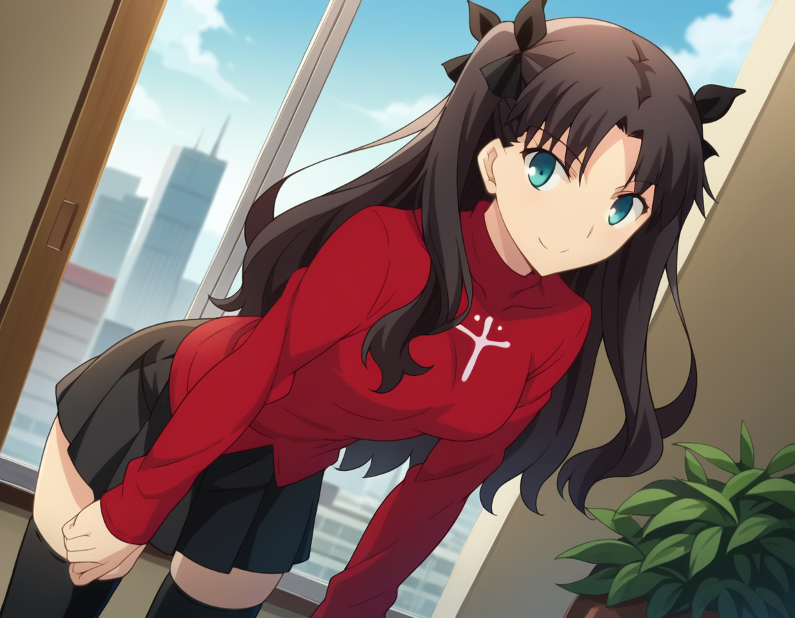 score_9, score_8_up, score_7_up, source_anime,
rintohsaka, <lora:rin-tohsaka-ubw-ponyxl-lora-nochekaiser:1>,
rin tohsaka, aqua eyes, black hair, hair ribbon, long hair, ribbon, sidelocks, two side up, parted bangs,
black skirt, black thighhighs, long sleeves, miniskirt, pleated skirt, red sweater, skirt, sweater, thighhighs, turtleneck,
indoors, cityscape, smile, bent over,
looking at viewer, dutch angle, cowboy shot,