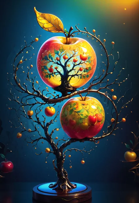 photograph, photorealistic, ultra-realistic, intricately detailed, wide angle, fine fractal glossy vivid colored shiny contours outlines of a glass apple with a ("a glowing golden flying female fairy uses her wand to transform a tree to solid gold.") inside, surreal, gradient, windy, petals floating on the wind, swirling ribbons of ink and light. linquivera, liiv1