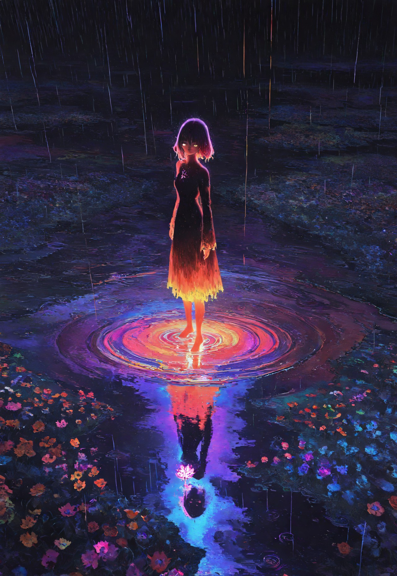 masterpiece, best quality, good quality, very awa, newest, highres, absurdres, 1girl, solo, dress, standing, flower, outdoors, water, scenery, reflection, rain, dark, ripples, flower, puddle, colorful, abstract, standing on liquid,featuring sinister religious motifs in a gritty, oil painting style, evoking a sense of mystery and foreboding with deep, dark hues god rays, surreal images, unreal engine 5, higher resolution textures, 4k graphic resolution,photorealistic,HD32k, colorful,beautiful scenery,very Wide Shot,15546+456868, xxx667_illu, glowing, glitch