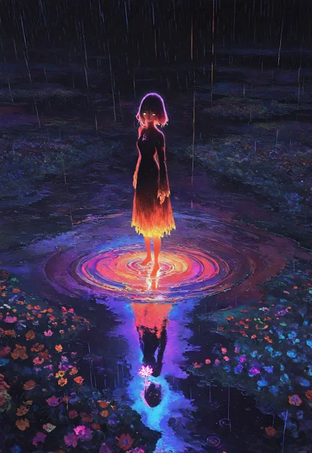 masterpiece, best quality, good quality, very awa, newest, highres, absurdres, 1girl, solo, dress, standing, flower, outdoors, water, scenery, reflection, rain, dark, ripples, flower, puddle, colorful, abstract, standing on liquid,featuring sinister religious motifs in a gritty, oil painting style, evoking a sense of mystery and foreboding with deep, dark hues god rays, surreal images, unreal engine 5, higher resolution textures, 4k graphic resolution,photorealistic,HD32k, colorful,beautiful scenery,very Wide Shot,15546+456868, xxx667_illu, glowing, glitch