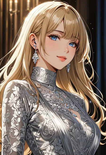 (anime, masterpiece, intricate:1.3), (best quality, hires textures, high detail:1.2), (4k),(incredibly detailed:1.4), perfect anatomy, correct sense of scale, side lighting, feminine body, shiny skin, graceful face, constricted waist, nice body, lips, Sexy mouth, high pointed nose, (nostrils:1.3), neatly drawn nose, 1woman, charming smile, gorgeous lips, blue eyes, backless dress,cleavage,evening gown,halter dress,plunging neckline,silver dress,pelvic curtain, arm behind head, blonde hair, ponytail, side bangs, medium breasts, ((piercing, two holes at the bottom of the ear, one at the top)) (best illumination, an extremely delicate and beautiful) 8k wallpaper, masterpiece, best quality, ultra-detailed, best shadow, volumetric lighting), (beautiful detailed face, beautiful detailed eyes) ,extreme details eyes, shiny skin, full body, ear piercing