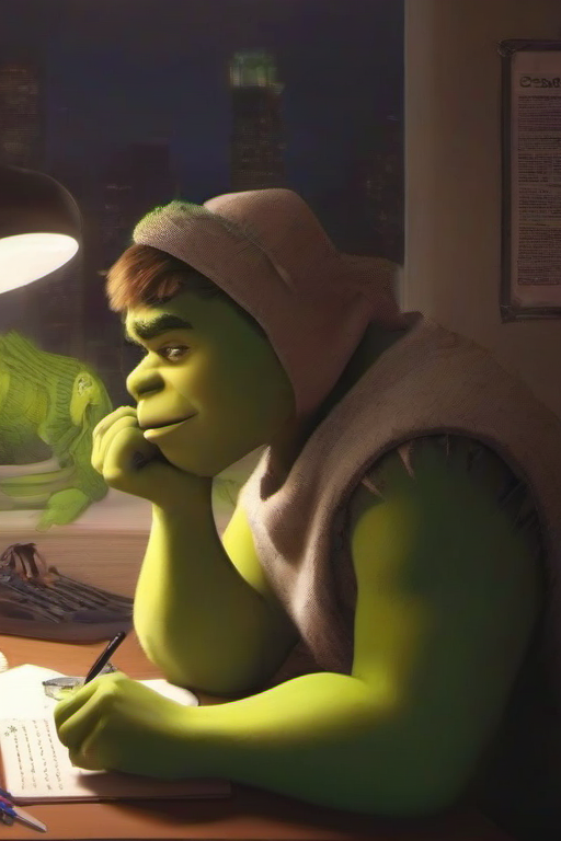 <lora:PE_LofiHipHop:0.8> PELofiHipHop,sitting at desk,
shrek