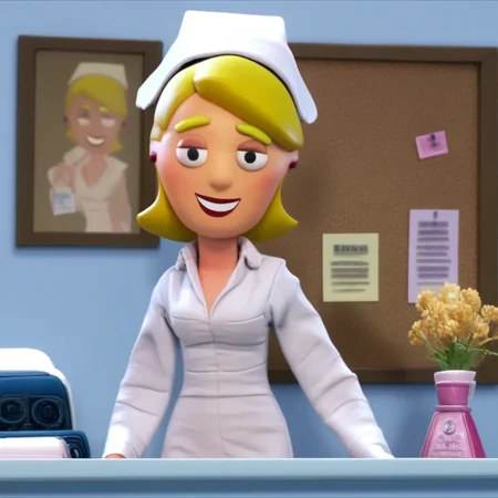 score_9, masterpiece, 1girl, Solo, female focus, NurseBendy_MO, light skin, blonde hair, short hair, black eyes, red lips, blonde eyebrows, small red round ears, white nurse hat, white long nurse dress with neckline, black flat shoes, big eyes, medium stature, standing, close-up, room background, looking at viewer, perfect eyes, face photo, detailed eyes, smile