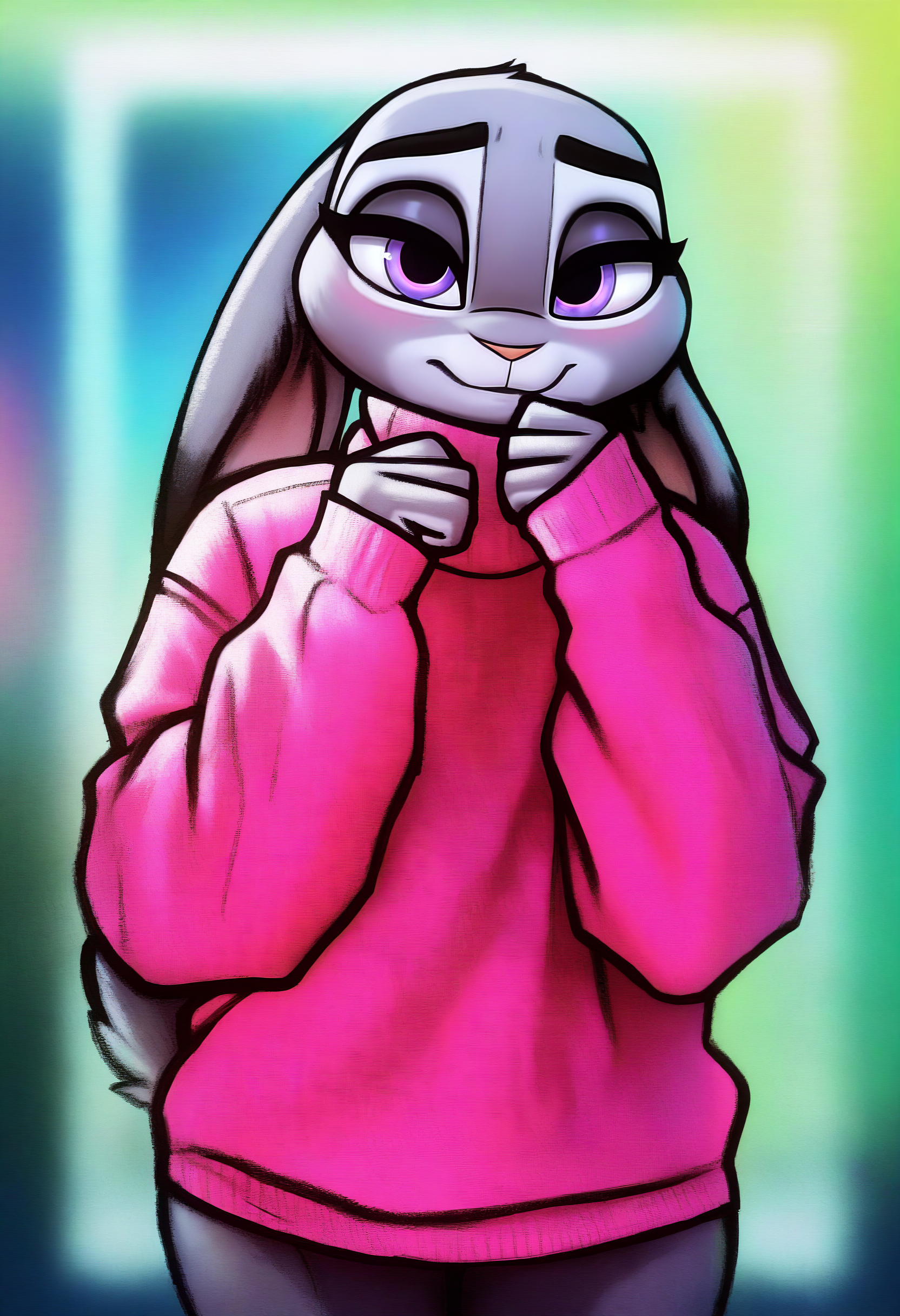 1girl, solo, furry female, judy hopps, sweater, gradient background, abstract background, blurry background, border, looking at viewer, shy, 
masterpiece, best quality, <lora:sligarthetiger-guy90-Illust-Lycorisv1:1> regils