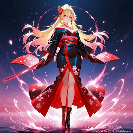 anime_girl long_flowing_blonde_hair_with_orange_highlights glowing_blue_eyes intense_expression floral_hair_ornament_with_blue_flower traditional_kimono_with_cherry_blossom_pattern dark_blue_kimono_with_red_and_blue_flowers intricate_kimono_design_with_gold_accents holding_katana_with_both_hands glowing_katana_with_energy_trail dynamic_action_pose cherry_blossom_petals_floating_in_air vibrant_neon_pink_and_cyan_color_scheme dramatic_lighting_with_glowing_effects energy_aura_with_sparkling_particles black_lace-up_boots_with_shiny_finish detailed_background_with_splashes_of_pink_and_blue fantasy_warrior_theme strong_female_character ethereal_and_mystical_atmosphere high_contrast_art_style anime_illustration_with_digital_painting