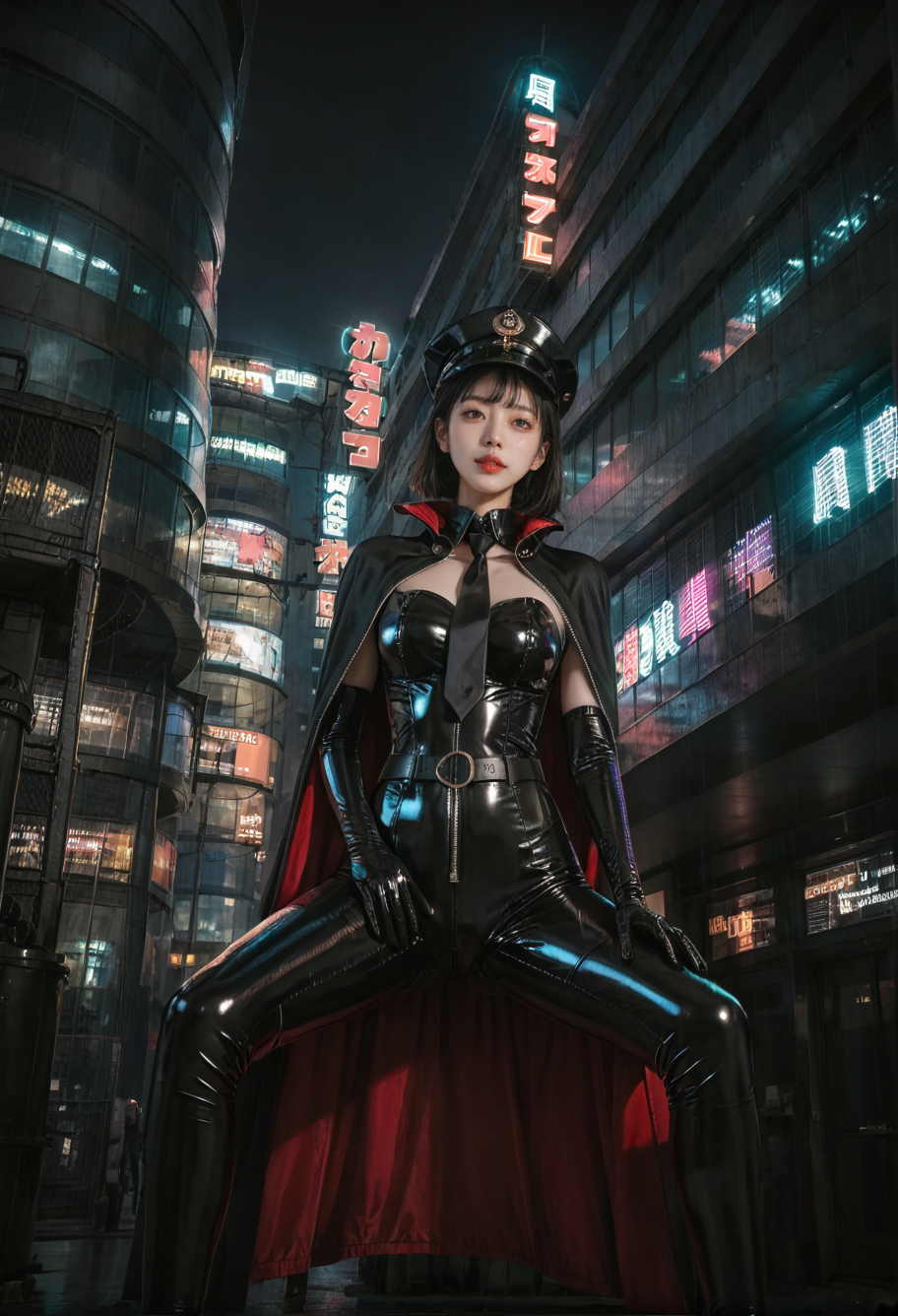 ,ruanyi0887,skyscraper,outdoors,night,neon lights,1girl,solo,spread legs,,ruanyi0848,belt,black bodysuit,black necktie,cape,elbow gloves,latex,military hat,zipper,<lora:0887 Commercial street at night_v1_pony:0.8>,<lora:0848 instructor_v1_pony:0.7>, score_9,score_8_up,score_7_up,,8k,1girl,solo,,