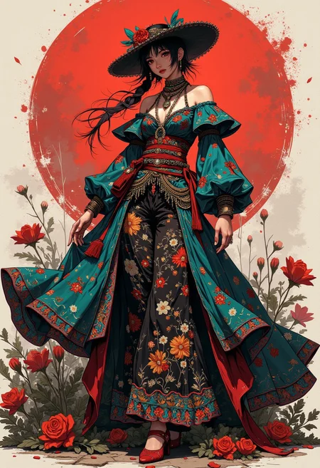 anime, niji, art by Ashley Wood, Yoji Shinkawa, Tomer Hanuka, High Fashion, concept art half l Body of a gypsy spanish woman in flamenco clothes, Blender stylized charismatic aesthetic random composition deep breathing locations and details professional style digital, meticulous craftsmanship artistic style, superb vision nocturnal influence visually dark high end artistic technologies style splash finely artistic works. Digital artwork, illustrative, painterly, matte painting, highly detailed, dynamic, dramatic, haute couture, elegant, ornate clothing, High Fashion. Anime art.