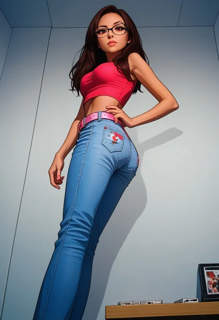 score_9, score_8_up, score_7_up, Polaroid photography , Polaroid style, over exposed style, pinup girl pose, Expressive, realistic, extremely attractive woman, large perky breasts, smoky eye, glasses, brown eyes, tight flared jeans, pink leather belt, (((red))) crop top, standing, midriff, ass focus, view from below, dynamic sexy pose, messy dorm room, bad photo composition, accidental photo, Reddit, amateur, raw, traditional media, poorly framed, out of focus
BREAK
dramatic angle, unique perspective, unique angle,