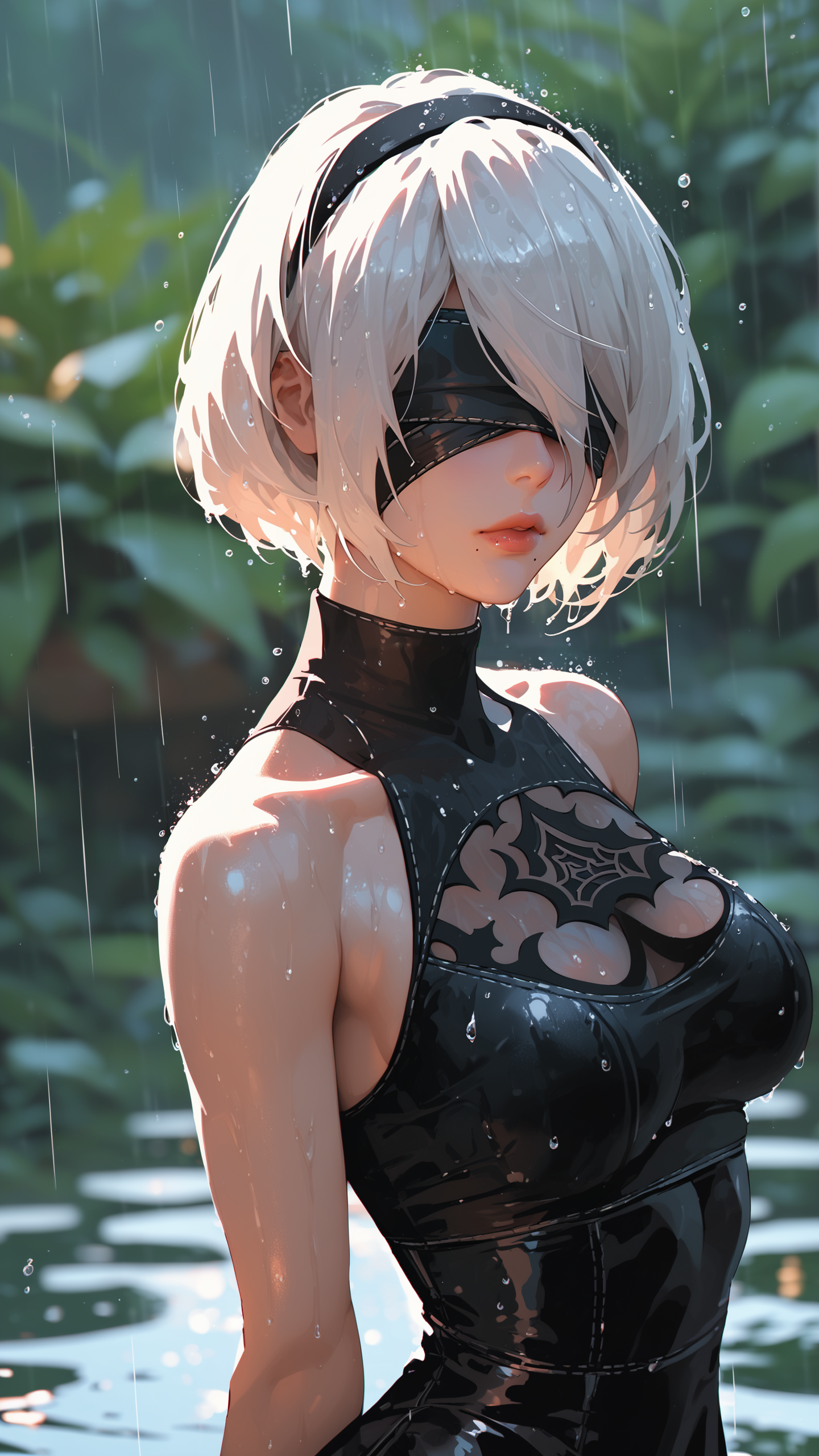 score_9, score_8_up, score_7_up, 1girl, solo, breasts, short hair, dress, bare shoulders, medium breasts, closed mouth, upper body, white hair, hairband, sleeveless, mole, blurry, black dress, lips, wet, depth of field, blurry background, turtleneck, phone, cellphone, black hairband, wet clothes, mole under mouth, facing viewer, smartphone, rain, water drop, blindfold, wet hair, covered eyes, black blindfold, yorha no. 2 type b