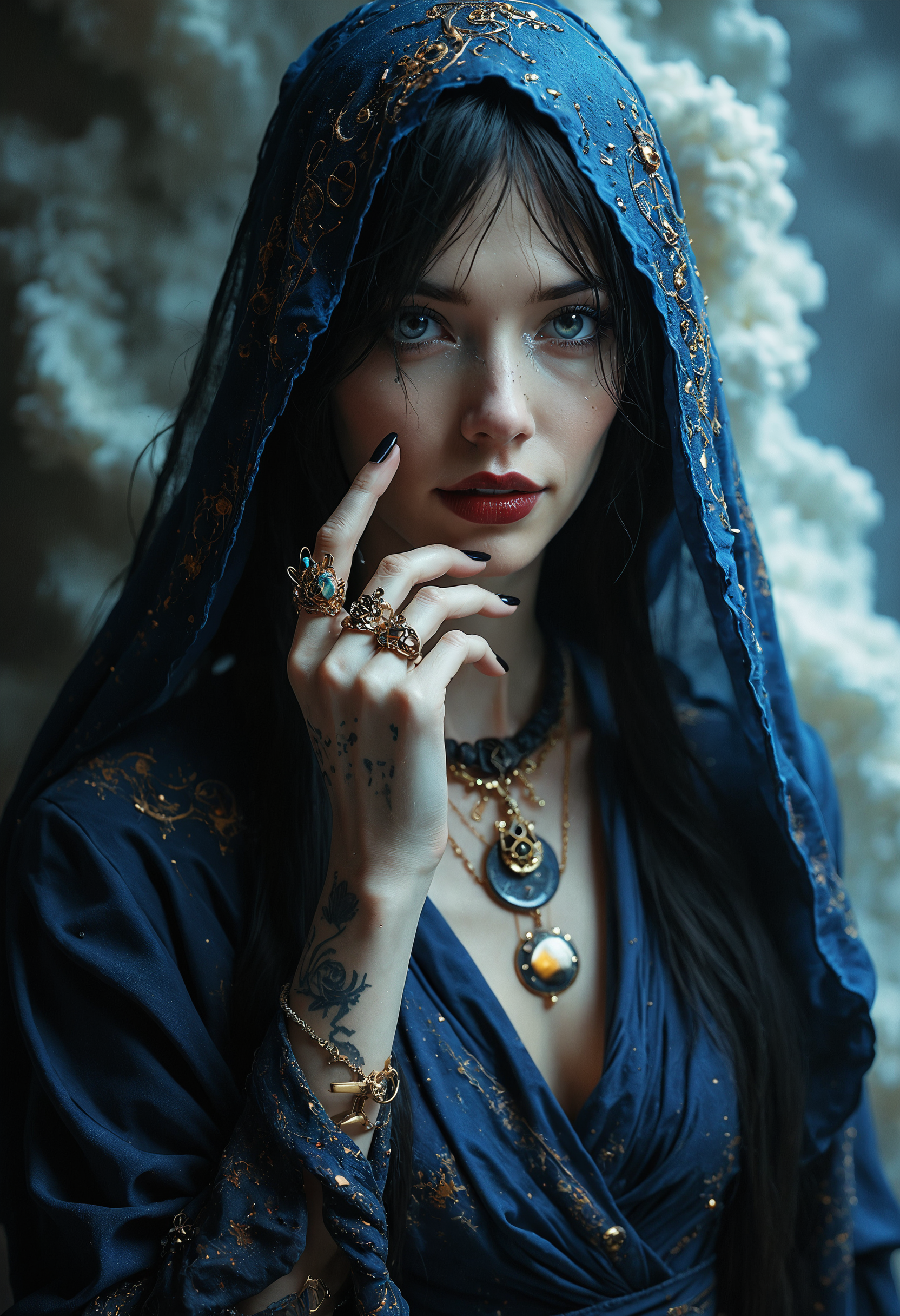 The image captures a mysterious seer, her face half-obscured by a delicate veil of shimmering, translucent fabric. Her lips, painted deep crimson, curve into a faint, knowing smile. Long, alabaster fingers adorned with golden rings, each set with intricate glyphs, gently touch her chin. Her nails are long and lacquered in a black that seems to absorb the light. Dark, ancient symbols are tattooed across her knuckles and wrist, glowing faintly with an otherworldly aura. Her eyes are wide and unnerving, an unnatural pale blue that seems to see through time itself. A single tear of liquid silver rolls down her cheek. She wears a deep indigo robe embroidered with celestial patterns, while a large crescent moon pendant dangles just above her collarbone. The background swirls with cosmic clouds, as if she stands at the edge of a forgotten dimension.