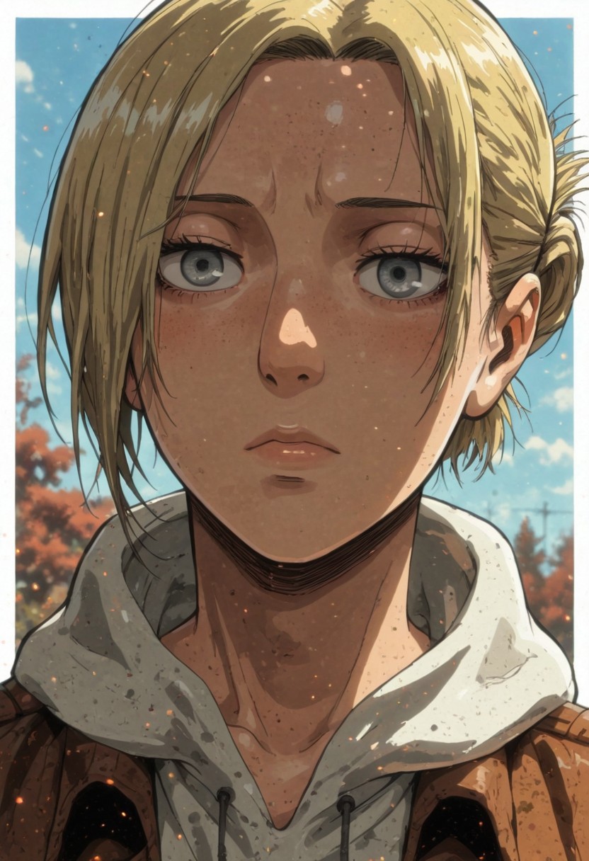 score_9, score_8_up, score_7_up,source_anime, high res image, masterpiece, best quality, masterpiece, newest, absurdres, best quality, hires, 
BREAK 1girl, solo, annleo, blonde hair, folded ponytail, grey eyes, pink lips,
brown jacket, white hoodie, paradis_military_uniform, hood_down, chest_harness, training_corps_(emblem),
closeup to face, portrait, tired, outside border
outdoors, blue sky, day, red evening sun
cinematic angle, detailed background, beautiful background, (rays light:1.0),(grow:1.0), light particles <lora:sai_xl_depth_128lora:1> motion lines, from both sides