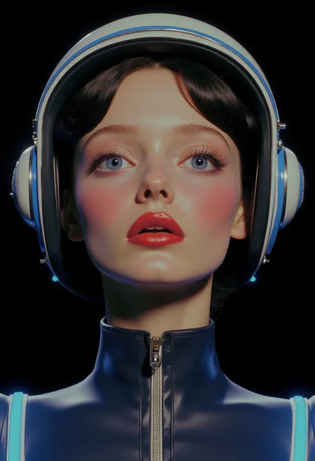 A digital close-up portrait of a young woman in a futuristic, sci-fi world, set against a vantablack background. Her fair skin tone glows softly, contrasted by vantablack hair that falls in sleek waves around her face, the strands highlighted with reflective accents. Her large, expressive eyes, tinted with a faint sadness, draw the viewer in, while her full lips are painted in a deep crimson, adding to her somber expression. She wears a metallic silver helmet, detailed with high-tech control panels and luminous cyan accents, the clear visor allowing a glimpse of her face. Her suit is a high-collared, fitted design in deep charcoal and electric blue, showing signs of wear, hinting at her role in space exploration or combat. The background is minimalistic, dominated by vantablack tones that enhance the contrast and focus on her expression. Soft lighting illuminates her features, casting gentle shadows that add depth to the composition. The overall mood is melancholic and introspective, reflecting a sense of solitude and resilience. The artwork blends elements of nistyle and By Phandigrams, with an emphasis on emotional storytelling and futuristic aesthetics, presenting a powerful narrative of strength amidst isolation.