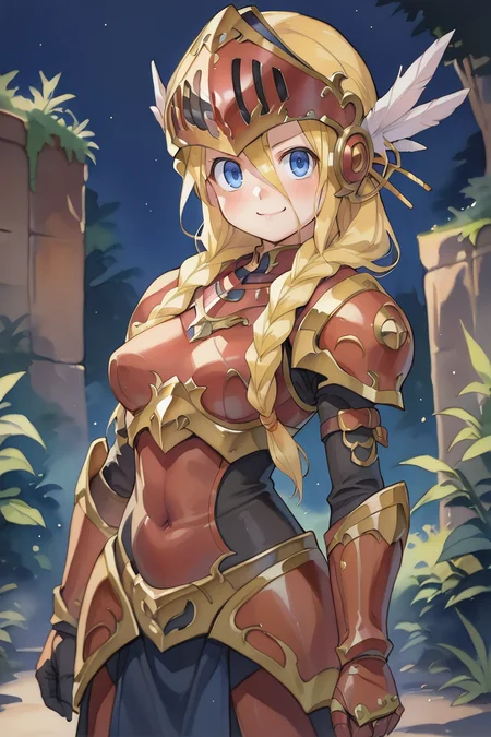(score_9, score_8_up, score_7_up, score_6_up), source anime, BREAK, <lora:Aegina:0.65> , aegdef, 1girl, blonde hair, long hair, braid, blue eyes, valkyrie, visor (armor), winged helmet, armored dress, armor, gauntlets, smug, evil grin,  closed mouth, looking at viewer, solo, (cowboy shot),  twin braids, <lora:zy_Detailed_Backgrounds_v1:0.5> , detailed background, highly detailed,  castle, fortress, night, forest, overgrowth, jungle, <lora:Watercolor Anime Style LoRA_Pony XL v6:0.7> , watercolor \(medium\), traditional media,