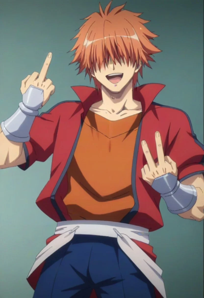 ((masterpiece)), ((best quality)), ((ultra-detailed)), score_9_up, score_8_up, score_7_up, HD, top quality, best quality, High-quality illustrations, anime screencap, perfect anatomy, 1boy, 1male, male anime character, anime boy, solo male, male focus, Ryuuto Henge, orange hair, long bangs, hidden eyes, long red jacket, orange shirt, long silver arm gauntlets, blue pants, silver boots, lean body, slender body, slim body, tall, tall body, tall height, laughing, mouth laughing, smiling, happy, expression, middle finger, fuck you middle finger gesture