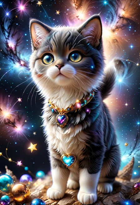 (((videogame_style))), (sharp focus:1.2), lineart, flat color, monochrome, greyscale, depth of field, bokeh, 8k, OLED, 1 baby cat, being playful, wearing ribbon choker in different colours, different fur, super cute,, The cat raises its paws towards the viewer, in the galaxy, space cat flying in the stars,lluminated by the ethereal glow of cosmic lightning, the light is reflecting shadows on the cute animal, for the viewer, it appears alive, as if a glimpse of its inner sparkle is possible, star sky, peacful and grateful atmosphere, painted hearts, magical atmosphere, close up, (((cuteness overload))), <lora:detailed_notrigger:0.9>, zhibi <lora:zhibi:0.8>, <lora:tweak-detail-xl:0.7> <lora:Jed-Cosmos-sdxl:0.7> Jed-Cosmos