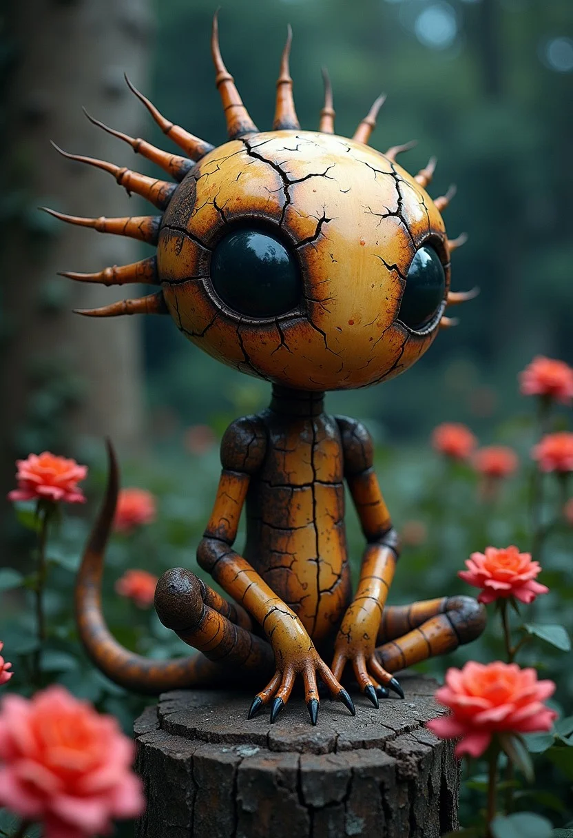 Little cute cracked wood alien void creature, charred, long wooden petals and mud, sitting on top of a log, lush garden, roses, lurking behind tree, ultra large black dot eyes, night scene, backlit, by  [Alexander Archipienko, Wendell Castle, Picasso], fantasy art, abstract, surreal