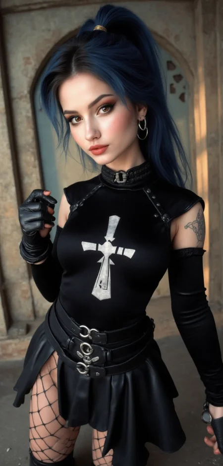 An amateur photo of a goth girl in a time traveler's nexus.

The goth girl has a tiny nose.

The goth girl has Glazed coral eyes.

The goth girl has medium Short and Thick eyebrows.

The goth girl has warm spicy lips. 

The goth girl has an unusual chin

The goth girl has Dark Blue hair in sleek pony hairstyle.

The goth girl is dressed in a very goth skirt and wearing clunky black boots and fishnet stockings. 

The goth girl is wearing typical goth makeup.

The goth girl has beige skin. She has a few piercings.
