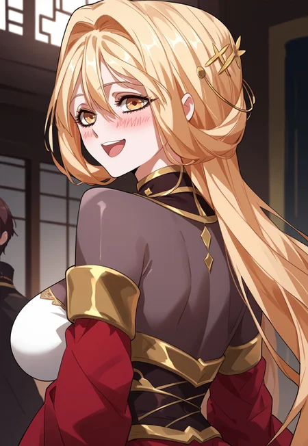 safe_pos, zPDXL3, score_9_up, score_8_up, score_7_up, Anime_source, 1girl, LuoYun-Chang, yellow eyes, blonde hair, long hair, hair ornament, Luo-dress, big breast, looking back, blush, smile, open mouth, happy, upper body,