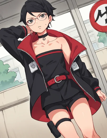 score_9, score_8_up, score_7_up, source_anime, <lora:sarada-uchiha-two-blue-vortex-manga-ponyxl-lora-nochekaiser:1>, sarada uchiha, short hair, black hair, glasses, black eyes,, bare shoulders, jewelry, collarbone, jacket, earrings, shorts, choker, belt, black dress, black jacket, strapless, thigh strap, black shorts, strapless dress, holster, thigh holster, red belt, thigh pouch, bus stop, waiting, commuter, smartphone, checking time, cold morning, , hand behind head, , looking at viewer, solo,, dutch angle, cowboy shot