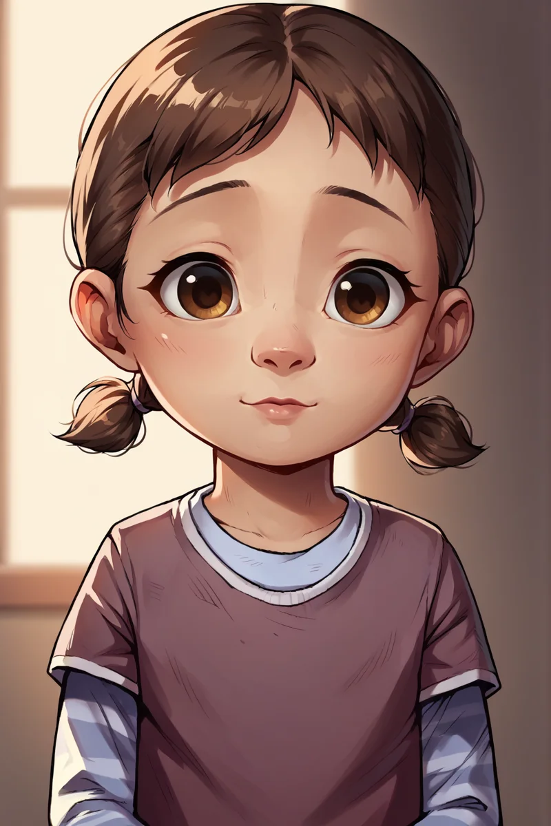score_9,score_8_up,score_7_up,
<lora:uohh_v3_bb:1>
<lora:ClementineS2:1>
1girl, solo, brown eyes, brown hair, short hair, pigtails, cute, young,